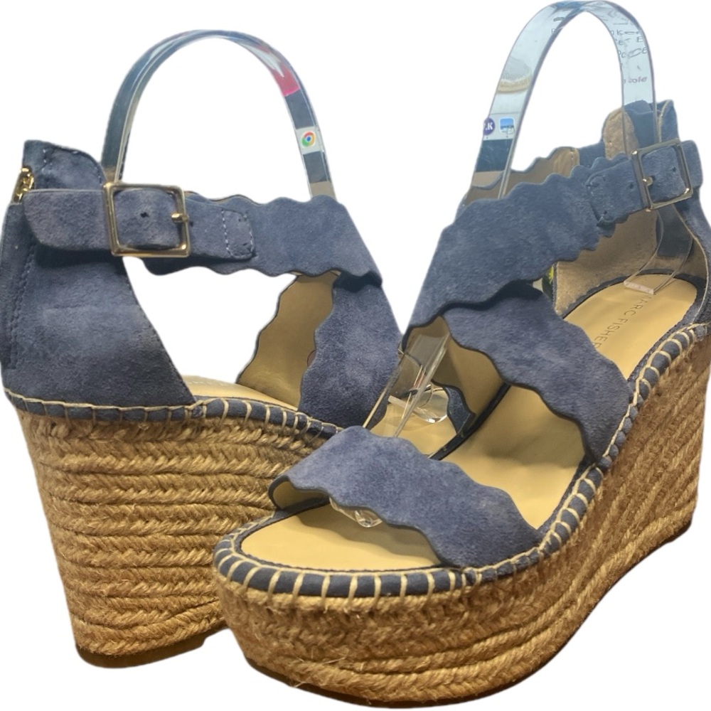 Marc Fisher Blue Suede Sandals Platform Wedge Denim Scalloped Crisscross Straps